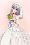  bare_shoulders bouquet bridal_veil bride burn_scar dorei_to_no_seikatsu_~teaching_feeling~ dress flower grey_hair happy highres looking_at_viewer pink_background purple_eyes ribbon sabiiro scar smile solo sylvie_(dorei_to_no_seikatsu) veil wedding_dress white_dress 