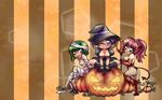  artist_name ass bandages boots breasts chibi cleavage curly_hair dark_skin demon_horns demon_tail fishnets glasses gloves green_eyes green_hair halloween hat horns jack-o'-lantern large_breasts leotard multiple_girls mummy one_eye_closed original pink_hair pitchfork pumpkin purple_hair red_leotard sitting smile striped striped_background tail tetisuka tongue tongue_out wallpaper witch witch_hat 