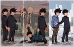  age_progression aoki_(fumomo) black_hair bowl_cut brothers gakuran hood hoodie injury kageyama_ritsu kageyama_shigeo male_focus mob_psycho_100 multiple_boys school_uniform sepia siblings 