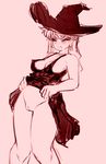  bare_shoulders blush breasts earrings hat jewelry long_hair medium_breasts monochrome no_panties noise original pink_background pussy sketch skirt skirt_lift smile solo thighs witch_hat 