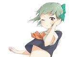  arm_up bangs blush bow bowtie bra crop_top eyebrows eyebrows_visible_through_hair green_bow green_hair hair_bow kantai_collection looking_at_viewer one_eye_closed orange_bow orange_neckwear parted_lips sailing school_uniform serafuku short_hair short_sleeves simple_background solo suke_(momijigari) underwear upper_body white_background white_bra yellow_eyes yuubari_(kantai_collection) 