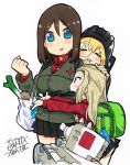  3girls absurdres animal_print artist_name baby backpack bag bangs black_hair black_hat black_skirt blonde_hair blue_eyes blush bunny_print carrying child chips clara_(girls_und_panzer) clenched_hand commentary_request emblem eyes_closed fanta_(the_banana_pistols) food girls_und_panzer green_jacket grocery_bag ground_vehicle hand_on_another&#039;s_head hat highres jacket katyusha kv-2 long_hair long_sleeves looking_at_another military military_vehicle miniskirt motor_vehicle multiple_girls no_jacket nonna nose_blush open_mouth outstretched_arms panties pantyshot pantyshot_(standing) pleated_skirt potato_chips pravda_school_uniform randoseru red_shirt saliva school_uniform shirt shopping_bag short_hair signature simple_background skirt sleeping smile spring_onion standing swept_bangs tank tank_helmet traditional_media turtleneck underwear white_background white_panties younger 