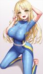  1girl :d arm_up bang_dream! barefoot belt blonde_hair blue_bodysuit blush bodysuit breasts covered_nipples hand_up kneeling lambda_(kusowarota) large_breasts long_hair looking_at_viewer open_mouth short_sleeves simple_background smile solo teeth toes tongue tsurumaki_kokoro upper_teeth_only v white_background white_belt yellow_eyes 