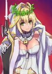  ahoge bare_shoulders blonde_hair breasts bursting_breasts elbow_gloves fate/extra fate/extra_ccc fate/grand_order fate_(series) gloves gradient gradient_background green_eyes highres itaco1987 large_breasts light_smile long_hair looking_at_viewer nero_claudius_(bride)_(fate) nero_claudius_(fate)_(all) red_background sketch solo sword weapon white_gloves zipper 