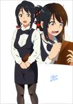  2016 anime_coloring black_hair border bow bowtie brown_eyes commentary_request dated flying_sweatdrops hair_ribbon highres k.ty_(amejin) kimi_no_na_wa miyamizu_mitsuha official_style open_mouth pantyhose pen ribbon short_hair signature simple_background solo tears twitter_username white_background writing 