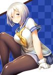  blue_eyes breasts checkered checkered_background commentary_request gloves hair_ornament hairclip hamakaze_(kantai_collection) kantai_collection large_breasts looking_at_viewer pantyhose school_uniform serafuku shirt short_hair short_sleeves silver_hair skirt solo tobimura white_gloves white_shirt 