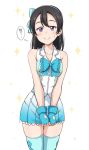  1girl bangs black_hair blue_bow blue_gloves blue_legwear blue_ribbon bow breasts cleavage commentary_request cosplay daisuki_dattara_daijoubu! embarrassed fingerless_gloves gloves hair_bow hoshino_ouka love_live! love_live!_sunshine!! love_live!_sunshine!!_the_school_idol_movie_over_the_rainbow medium_breasts medium_hair miniskirt purple_eyes ribbon skirt sleeveless thighhighs translation_request watanabe_tsuki watanabe_you watanabe_you_(cosplay) 