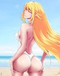  absurdres ass ass_grab backless_outfit beach blonde_hair breasts covered_nipples day grabbing_own_ass highres j_adsen kiss-shot_acerola-orion_heart-under-blade kizumonogatari large_breasts long_hair monogatari_(series) one-piece_swimsuit outdoors shoulder_blades slit_pupils smile solo swimsuit water yellow_eyes 