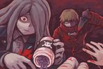  2girls andou_ruruka blonde_hair blood bottle coat danganronpa danganronpa_3 female_pov hair_over_one_eye izayoi_sounosuke jacket kimura_seiko knife leather leather_jacket long_coat long_hair multiple_girls namu_(nurui_cha) pale_skin pill pov red_eyes spoilers stabbing 