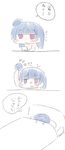  3koma :&gt; bangs bed bed_sheet black_hair blanket blue_hair blunt_bangs closed_eyes comic detached_hair eyebrows eyebrows_visible_through_hair jitome love_live! love_live!_sunshine!! nekoyama on_bed pillow purple_eyes red_eyes side_bun simple_background sleeping translated tsushima_yoshiko under_covers upper_body white_background 