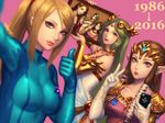  alternate_costume bellhenge blonde_hair bodysuit breasts brown_hair cellphone company_connection comparison crossover dual_persona green_hair holding holding_phone kid_icarus kid_icarus_uprising large_breasts long_hair looking_at_viewer md5_mismatch medium_breasts metroid mole mole_under_mouth multiple_crossover multiple_girls palutena phone photo_(object) pointy_ears princess_zelda reaching_out resized samus_aran self_shot smartphone super_metroid the_legend_of_zelda the_legend_of_zelda:_twilight_princess thumbs_up tiara upscaled zero_suit 