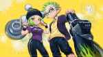  1boy 1girl beanie black_hat black_leggings black_shorts blazer blue_jacket blue_wristband closed_mouth clothes_writing collared_shirt commentary commission cowboy_shot fingernails green_eyes green_hair hair_flip hand_on_own_hip hat highres holding holding_weapon inkling inkling_boy inkling_player_character jacket jinkoika leggings looking_at_viewer medium_hair nautilus_(splatoon) necktie octoling octoling_girl octoling_player_character open_clothes open_jacket parted_bangs parted_lips pointy_ears pom_pom_(clothes) pom_pom_beanie purple_shirt range_blaster_(splatoon) sharp_fingernails shirt short_hair shorts smile spiked_hair splatoon_(series) suction_cups sweater_vest symbol-only_commentary tentacle_hair thick_eyebrows watermark weapon white_shirt yellow_background yellow_eyes yellow_necktie yellow_sweater_vest 