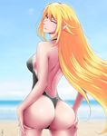  absurdres ass ass_grab backless_outfit bare_back beach blonde_hair breasts covered_nipples day grabbing_own_ass highres j_adsen kiss-shot_acerola-orion_heart-under-blade kizumonogatari large_breasts long_hair monogatari_(series) one-piece_swimsuit outdoors pointy_ears shoulder_blades slit_pupils smile solo swimsuit water white_swimsuit yellow_eyes 