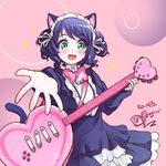  animal_ears bad_id bad_pixiv_id beamed_eighth_notes blush bow cat_ears cat_tail cyan_(show_by_rock!!) green_eyes guitar highres instrument looking_at_viewer musical_note open_mouth quarter_note shirosaba short_hair show_by_rock!! smile solo strawberry_heart tail 