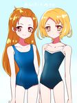  bad_anatomy blonde_hair blue_background brown_hair character_name collarbone competition_school_swimsuit dokidoki!_precure kagami_chihiro long_hair looking_at_viewer madoka_aguri multiple_girls old_school_swimsuit one-piece_swimsuit orange_eyes precure red_eyes school_swimsuit shirabe_ako short_hair smile suite_precure swimsuit 