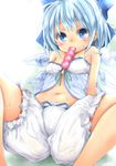  babydoll bloomers blue_bow blue_eyes blue_hair blue_ribbon blush bow breasts chikado cirno commentary eyelashes green_ribbon hair_bow ice ice_wings looking_at_viewer melting mouth_hold navel ribbon short_hair simple_background small_breasts solo spread_legs strap_gap strap_slip sweat touhou tupet underwear wings 