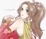  1girl aerith_gainsborough aerith_gainsborough_(terra&#039;s_garb) artist_name bare_shoulders bracelet breasts brown_hair cape cosplay detached_sleeves dress final_fantasy final_fantasy_vi final_fantasy_vii final_fantasy_vii_ever_crisis gold_trim green_eyes hair_bobbles hair_ornament hair_ribbon hands_on_own_chest jewelry long_hair medium_breasts official_alternate_costume omochi_daisuki parted_bangs parted_lips ponytail red_dress red_sleeves ribbon sidelocks solo strapless strapless_dress terra_branford terra_branford_(cosplay) tube_dress upper_body white_background yellow_cape 
