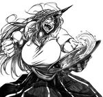  alcohol breasts cuffs greyscale horn hoshiguma_yuugi huge_breasts japanese_clothes koyubi_(littlefinger1988) long_hair monochrome muscle muscular_female oni pointy_ears shackles solo touhou 