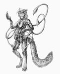  4_toes 5_fingers aaros_(artist) anthro armor armpits breasts claws digitigrade displacer_beast feline female fur greyscale hair leopard mammal monochrome multi_arm multi_limb simple_background sketch smile snow_leopard solo standing tentacles toe_claws toes white_background wide_hips 