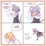  4koma :d =_= animal_ears black_dress black_shoes capelet cheese comic commentary dress english eyes_closed grey_hair highres holding mouse_ears mouse_tail nazrin open_mouth parody re:zero_kara_hajimeru_isekai_seikatsu rubbing shoes simple_background smile speech_bubble tail throwing touhou white_background yoruny 