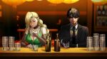  1boy 1girl 364ing01 absurdres alcohol bar_(place) black_gloves black_hair black_necktie blonde_hair blue_eyes blush braid breasts commission cup dress drinking drinking_contest drinking_glass elf facial_hair gloves green_dress green_eyes heterochromia highres izakaya large_breasts long_bangs missing_eye necktie original pointy_ears ponytail purple_eyes skeb_commission suit sunglasses twin_braids 