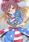  american_flag_dress bead_necklace beads blush breasts brown_hair chikado clownpiece clownpiece_(cosplay) commentary_request cosplay covered_navel cowboy_shot crossed_arms duplicate fire gradient_hair hat hijiri_byakuren jester_cap jewelry large_breasts long_hair looking_at_viewer multicolored_hair necklace pantyhose polka_dot prayer_beads purple_eyes purple_hair short_sleeves solo standing striped striped_legwear torch touhou 
