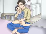  1girl 2boys age_difference anal apron barefoot bottomless cheating cum cumdrip family father_and_son feet glasses incest male_focus multiple_boys penetration restrained sex sitting sitting_on_person yaoi 