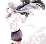  banjou_azusa belt black_gloves black_jacket breasts closed_mouth collared_shirt copyright_name danganronpa danganronpa_3 from_side gloves holster jacket kirigiri_kyouko lavender_hair long_hair long_sleeves medium_breasts number pencil_skirt ponytail profile purple_eyes purple_skirt shirt single_glove skirt solo thigh_holster twitter_username very_long_hair white_background white_shirt wind wing_collar 