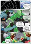 anthro antihero block bodily_fluids bruised canid canine canis claws clothing cobalt_beast comic crisis crisis_ch1 dialogue duo facial_horn fight fist glowing glowing_eyes green_hair hair hi_res horn latex male male/male mammal mask muscular nose_horn punch rhinoceros samaraka slightly_chubby smashing smile smirk sonarceros spandex superhero superhero_costume sweat tight_clothing villainous wolf