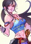  1girl abs armlet bare_shoulders black_hair blue_shirt breasts cleavage cosplay crop_top earrings final_fantasy final_fantasy_vi final_fantasy_vii final_fantasy_vii_ever_crisis hair_tie hand_on_own_hip jewelry large_breasts long_hair looking_at_viewer low_ponytail midriff navel official_alternate_costume open_mouth pants red_eyes sabin_rene_figaro sabin_rene_figaro_(cosplay) sash shirt sideboob smile solo strapless tifa_lockhart tifa_lockhart_(sabin&#039;s_style) tube_top upper_body waist_sash wakakusa-e yellow_pants 