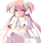  bad_id bad_pixiv_id bow chin_rest gloves hair_bow highres kaname_madoka light_smile long_hair mahou_shoujo_madoka_magica misteor pink_hair pink_legwear short_sleeves sitting solo two_side_up ultimate_madoka very_long_hair white_background white_bow white_gloves yellow_eyes 
