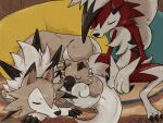  10ma10dantali0n animal_focus claws closed_eyes closed_mouth commentary dog english_commentary evolutionary_line lycanroc lycanroc_(dusk) lycanroc_(midnight) no_humans pokemon pokemon_(creature) rockruff rug sitting sleeping sleeping_upright 