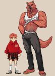  absurdres animal_ears bara big_bad_wolf_(fairytale_police_hoe_department) black_pants brown_background clothes_around_waist fairytale_police_hoe_department fangs freckles full_body furry furry_male green_eyes hand_under_clothes hand_under_shirt height_difference highres hood hoodie idoraad long_sleeves looking_at_viewer muscular muscular_male one_eye_closed orange_fur orange_hair pants red_hoodie red_riding_hood_(fairytale_police_hoe_department) sandals sharp_toenails shirt short_hair simple_background tail tank_top toenails track_pants underwear_writing white_tank_top wolf_boy wolf_ears wolf_tail 
