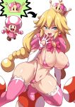  2girls bikini blue_eyes boots bow braid breasts directional_arrow elbow_gloves fingerless_gloves gloves groin heart_cutout high_heels highres konno_tohiro large_breasts looking_at_viewer mario_(series) multiple_girls navel new_super_mario_bros._u_deluxe nintendo open_mouth peachette pearl_earrings pink_bow pink_footwear red_earrings shrug_(clothing) simple_background super_crown super_mushroom swimsuit thigh_boots thighhighs toadette tongue tongue_out transformation twin_braids white_background white_gloves 