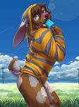  2016 anthro blue_sky bottomless brown_fur brown_hair butt clothed clothing cloud cute day dessert detailed_background digital_media_(artwork) food fur grass hair heterochromia hoodie hybrid ice_cream kyma lagomorph lens_flare looking_at_viewer male mammal mustelid nature otter outside purple_nose rabbit sky sleepylp smile solo standing sucking suggestive suggestive_food whiskers 