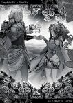  1boy 1girl aerith_gainsborough_(terra&#039;s_garb) armor breasts cape character_name cosplay dated detached_sleeves dress edgar_roni_figaro edgar_roni_figaro_(cosplay) final_fantasy final_fantasy_vi final_fantasy_vii final_fantasy_vii_ever_crisis floral_print flower greyscale hair_ribbon highres holding_hands kay-i long_hair low-tied_long_hair medium_breasts monochrome official_alternate_costume pantyhose parted_bangs parted_lips ponytail popped_collar print_dress print_pantyhose ribbon rose sash sephiroth_(edgar&#039;s_attire) short_dress shoulder_armor sidelocks strapless strapless_dress terra_branford terra_branford_(cosplay) tube_dress twitter_username waist_sash wavy_hair 