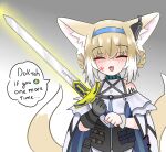  1girl absurdres anger_vein animal_ear_fluff animal_ears arknights blonde_hair blue_hairband braid braided_hair_rings closed_eyes commentary earpiece english_commentary excalibur_(fate/stay_night) fang fox_ears fox_girl fox_tail hair_rings hairband highres holding holding_sword holding_weapon infection_monitor_(arknights) kitsune material_growth meme multiple_tails oripathy_lesion_(arknights) sari_(zakura27502762) skin_fang solo speech_bubble standing suzuran_(arknights) sword tail uohhhhhhhhh!_(meme) upper_body weapon 