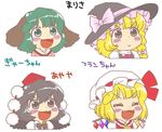  :&gt; animal_ears ascot black_hair black_wings blonde_hair blush_stickers bow braid character_name chibi closed_eyes crystal dog_ears dot_nose fangs flandre_scarlet green_eyes green_hair gyate_gyate hair_bow hat hat_bow kasodani_kyouko kirisame_marisa mob_cap multiple_girls nekomura_otako open_mouth pom_pom_(clothes) puffy_sleeves ribbon shameimaru_aya short_hair side_braid simple_background single_braid smile tokin_hat touhou translated upper_body white_background wings witch_hat 