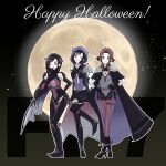  3girls absurdres aerith_gainsborough aerith_gainsborough_(bahamut_robe) armor belt black_cape black_capelet black_footwear black_hair black_ribbon black_shorts bodystocking boots breasts brown_belt brown_eyes brown_hair brown_pantyhose cape capelet cleavage closed_mouth elbow_gloves final_fantasy final_fantasy_vii final_fantasy_vii_ever_crisis finger_to_mouth full_body full_moon gloves green_eyes hair_ribbon hands_on_own_hips happy_halloween highres hood hood_up jewelry large_breasts medium_breasts moon multiple_girls necklace official_alternate_costume one_eye_closed open_mouth pantyhose parted_bangs ribbon shorts shoulder_armor sidelocks single_bare_shoulder single_shoulder_pad smile song30133 thigh_boots thigh_strap tifa_lockhart tifa_lockhart_(bahamut_suit) underbust yuffie_kisaragi yuffie_kisaragi_(bahamut_mantle) 