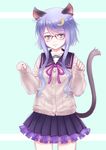  adapted_costume animal_ears blush cardigan cat_ears cat_tail crescent crescent_hair_ornament glasses_day hair_ornament highres kantai_collection kemonomimi_mode kosai_takayuki looking_at_viewer paw_pose pleated_skirt purple_hair ribbon sailor_collar school_uniform serafuku short_hair short_hair_with_long_locks simple_background skirt solo tail yayoi_(kantai_collection) 