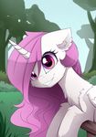  2016 day detailed_background equine female feral friendship_is_magic fur grass grin hair horn looking_at_viewer magnaluna mammal my_little_pony outside pink_eyes pink_hair princess_celestia_(mlp) solo teeth tree unicorn white_fur 