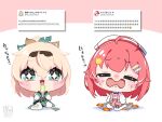  2girls ahoge beret big_head blonde_hair blue_eyes blush blush_stickers card chest_sarashi chibi crying envy excited hair_ornament hairclip haori hat holding holding_card hololive jacket japanese_clothes kazama_iroha kazama_iroha_(1st_costume) kimono kneeling multiple_girls nose_blush official_alternate_costume open_mouth pink_background pink_hair pink_jacket pink_skirt ponytail reference_inset sakura_miko sakura_miko_(school_uniform) sarashi satsuki_(pixiv_742410) school_uniform shirt short_hair signature simple_background skirt sparkle tears thighhighs twitter two-tone_background virtual_youtuber wavy_mouth white_background white_kimono white_shirt white_thighhighs yellow_haori 