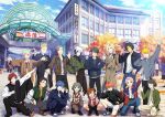  2girls 6+boys ahoge akizuki_ryo akuno_hideo amamine_shu aoi_yusuke belt black_hair black_socks blonde_hair braid breast_pocket brown_hair building child closed_eyes commentary converse crossed_arms denim enjoji_michiru glasses green-framed_eyewear green_hair hair_between_eyes idolmaster idolmaster_side-m ijuuin_hokuto jacket jeans kabuto_daigo kimura_ryu kitamura_sora long_sleeves maita_rui multicolored_hair multiple_boys multiple_girls nekoyanagi_kirio official_art one_eye_closed orange_hair pants pink_hair pocket red_hair shirt shirt_tucked_in shoelaces shoes short_hair shorts single_braid sneakers socks tachibana_shiro_(idolmaster) teeth tendo_teru tsuzuki_kei upper_teeth_only uzuki_makio v v_over_head vest waving white_hair white_shirt 