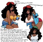  1girl absurdres baseball_cap black_hair blue_jacket breasts bro_(murgoten) cleavage dark-skinned_female dark_skin denim denim_shorts english_text hair_over_one_eye hat highres jacket large_breasts long_hair mole mole_under_eye murgoten open_clothes open_jacket original red_hat shorts solo sweat white_background 