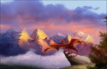  aaros_(artist) aaros_(character) amazing_background day detailed_background dragon feathered_wings feathers feral male membranous_wings mountain outside red_scales scales sky solo spread_wings standing wings 