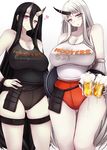  alternate_costume bare_legs battleship_hime beer_mug bird black_hair blush breasts claws collarbone commentary_request cup employee_uniform eyebrows eyebrows_visible_through_hair foam gloves hair_between_eyes heart highres holding holding_cup hooters horn horns huge_breasts kantai_collection long_hair looking_at_viewer multiple_girls no_legwear owl purple_eyes seaport_hime shinkaisei-kan silver_hair simple_background smile tank_top uniform very_long_hair wristband yuzumiya_mono 
