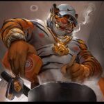 1:1 anthro baking_soda cigarette cigarette_in_mouth clock cocaine drugs felid gold_(metal) gold_jewelry hi_res jewelry male mammal nike nude object_in_mouth orange_eyes pantherine smile smoke solo tacklebox tiger tongue