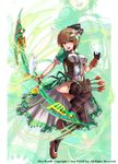 2015 archery arrow bad_id bad_pixiv_id belt bow_(weapon) breasts brown_eyes brown_hair character_request commentary_request company_name copyright_name diss_world eyebrows eyebrows_visible_through_hair flower full_body gloves hair_flower hair_ornament highres holding holding_weapon looking_at_viewer medium_breasts nail_polish official_art puma_(hyuma1219) shoes short_hair skirt smile solo striped striped_legwear thighhighs weapon zoom_layer 