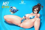  bad_id bad_pixiv_id bikini black-framed_eyewear blue_bikini blush breasts brown_eyes brown_hair character_name copyright_name covered_clitoris covered_nipples glasses hair_bun hair_ornament hair_stick highres large_breasts lips looking_at_viewer mei_(overwatch) oinari_risuru open_mouth overwatch pussy robot short_hair snowball_(overwatch) solo spread_legs spread_pussy spread_pussy_under_clothes swimsuit twitter_username 