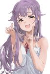  :3 :d alternate_hair_length alternate_hairstyle bare_arms bare_shoulders blush brown_eyes commentary dress eyebrows_visible_through_hair hair_ornament hairclip half-closed_eyes hand_on_own_face holding holding_hair idolmaster idolmaster_cinderella_girls koshimizu_sachiko lavender_hair long_hair looking_at_viewer mossi open_mouth simple_background sleeveless sleeveless_dress smile smug solo upper_body white_background white_camisole white_dress 
